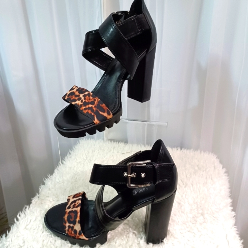 Cape Robbin, Leopard High Heels Sandals, Size: 8.5M Black and Brown